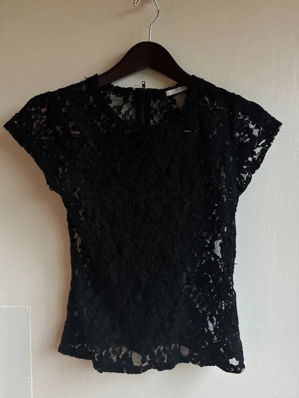 Black Sheer Lace Top Exposed Back Zip Size S
